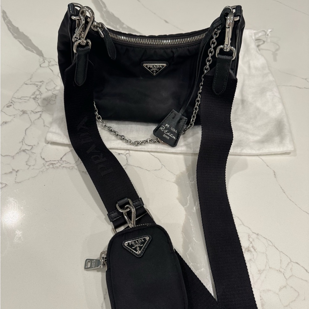 Prada Re-Edition 2005 Black Nylon Chain/Strap Shoulder Bag